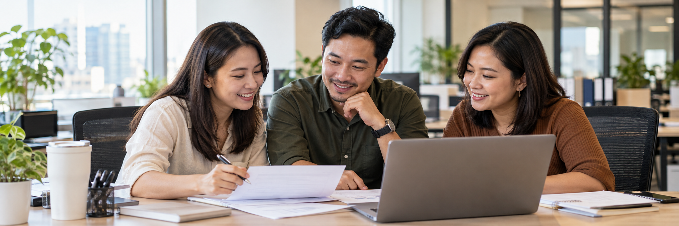 Three Filipino HR and payroll colleagues reviewing paperwork together at a laptop